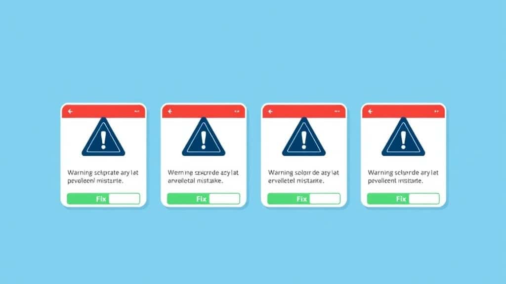 Four red-flagged warning cards arranged horizontally, each with a mistake title, brief explanation, and a green “fix
