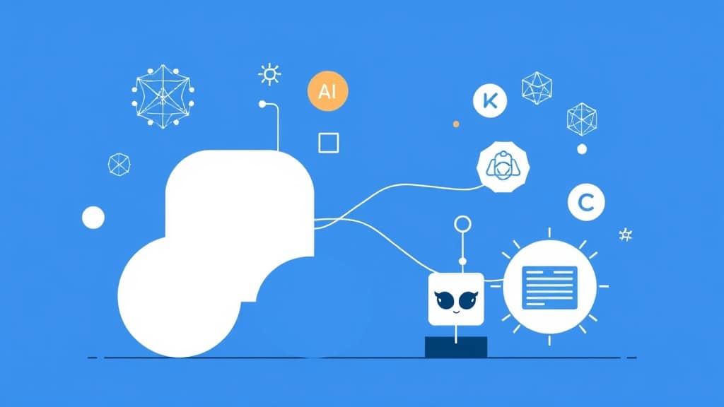 Technical diagram showing an IDE with an AI layer overlay — arrows connecting the code editor, context window, LLM backend, a