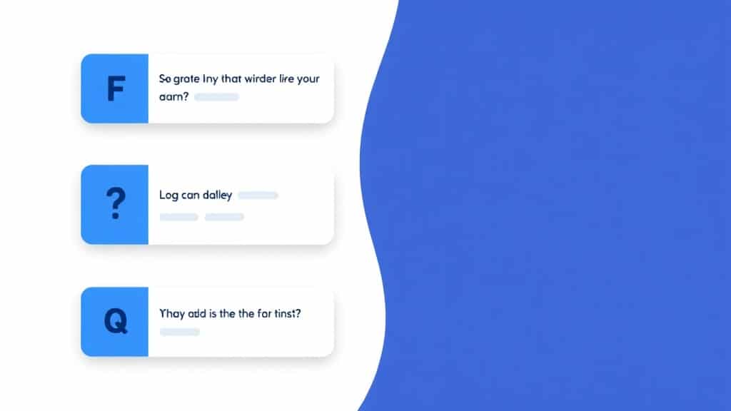 FAQ card design with question bubbles and answer sections, tool logos as visual anchors alongside each Q&A