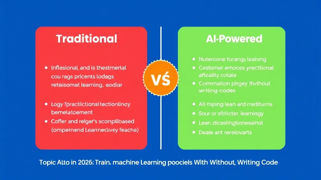 Split-screen graphic showing a data scientist writing Python code on the left versus a no-code AutoML dashboard with drag-and