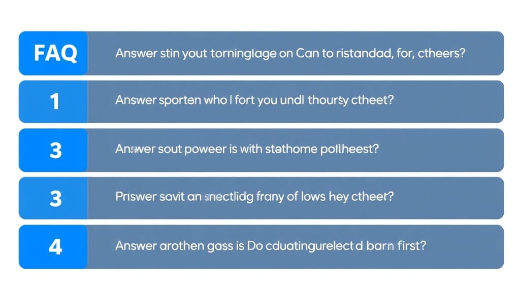 A FAQ section graphic with question mark icons and clean typography, showing five questions in a stacked accordion format
