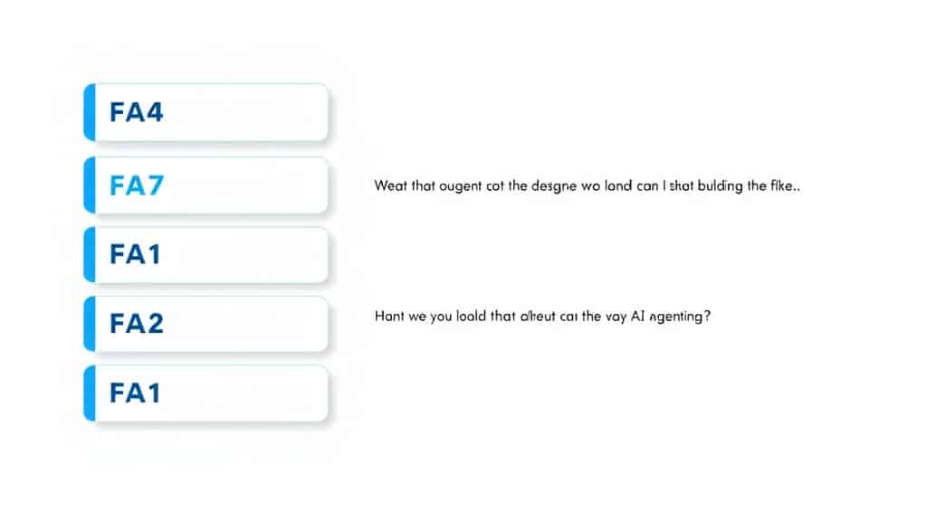 A clean FAQ accordion-style layout graphic with five questions listed, a question mark icon in blue on the left side of each 