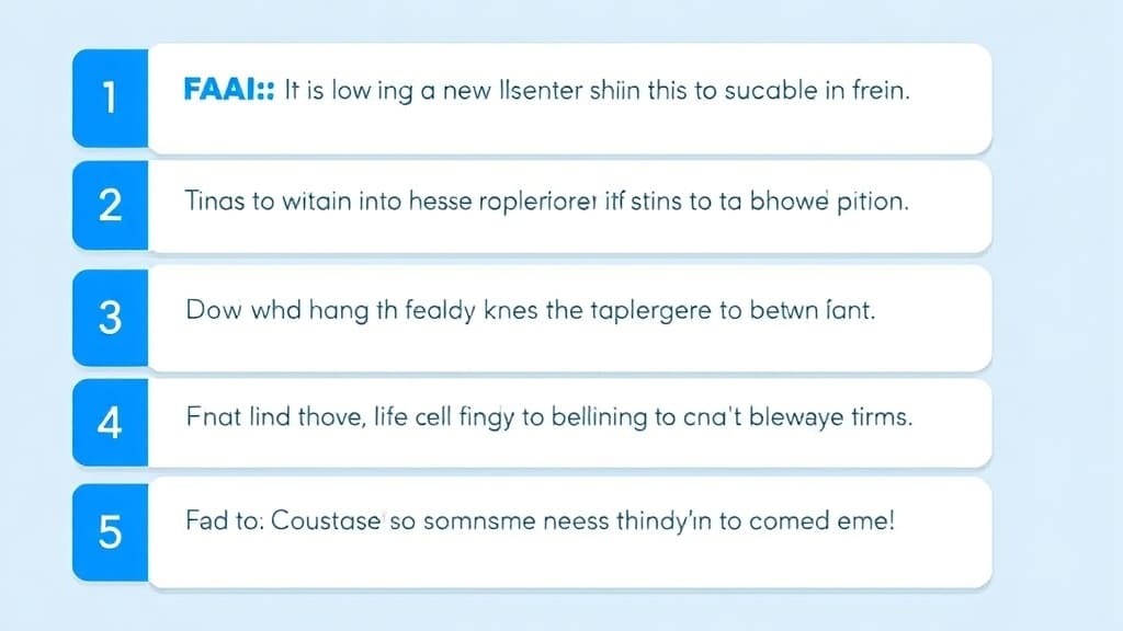 A clean FAQ graphic with five numbered questions displayed on cards in a staggered layout. Blue and white colour scheme with