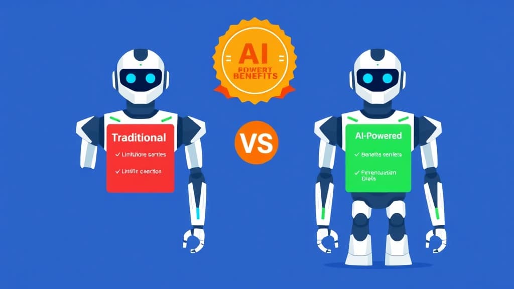 Side-by-side comparison of a traditional robotic arm on an assembly line vs. a full humanoid robot walking through a warehous