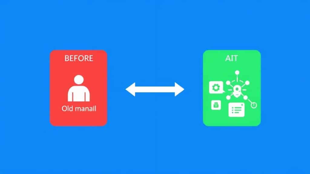 A before-and-after split layout. Left side labelled “Before” shows a stressed human tutor at a desk surrounded by