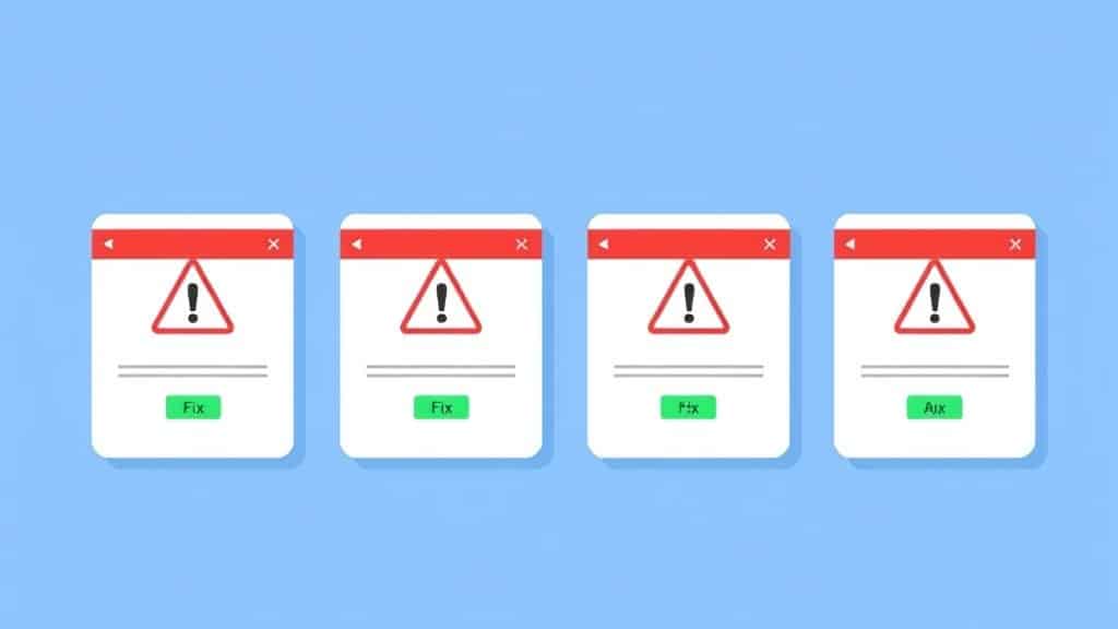 A red-and-white warning-style graphic with four sections, each containing a mistake name and a small icon — a broken chain, a