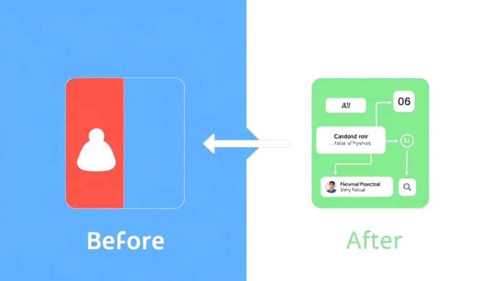 Side-by-side visual of a person manually copying data between apps vs. a clean automation flow diagram — before/after contras