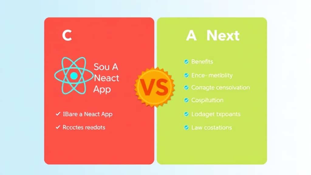 Split-screen graphic showing a bare React app vs a Next.js app with SSR, routing, and API layers labeled — illustrating the g