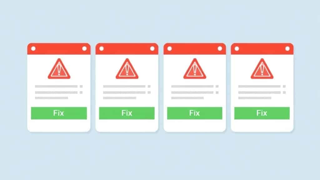 Illustration of a developer at a laptop with four red X markers floating around common mistake scenarios — wrong framework ch