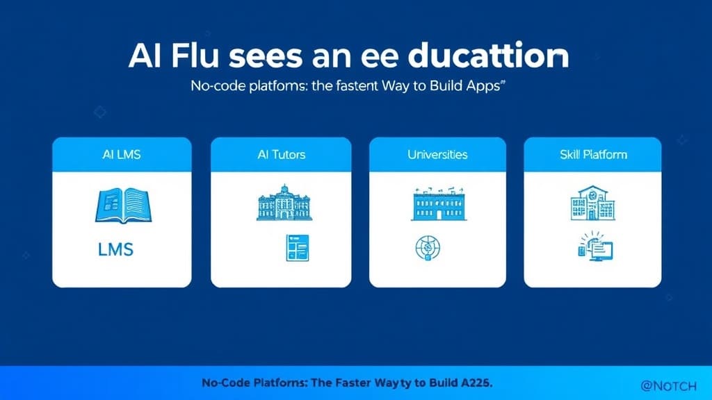 Four-panel grid showing different use cases — an LMS dashboard, an AI tutor chat interface, a university portal, and a skill-