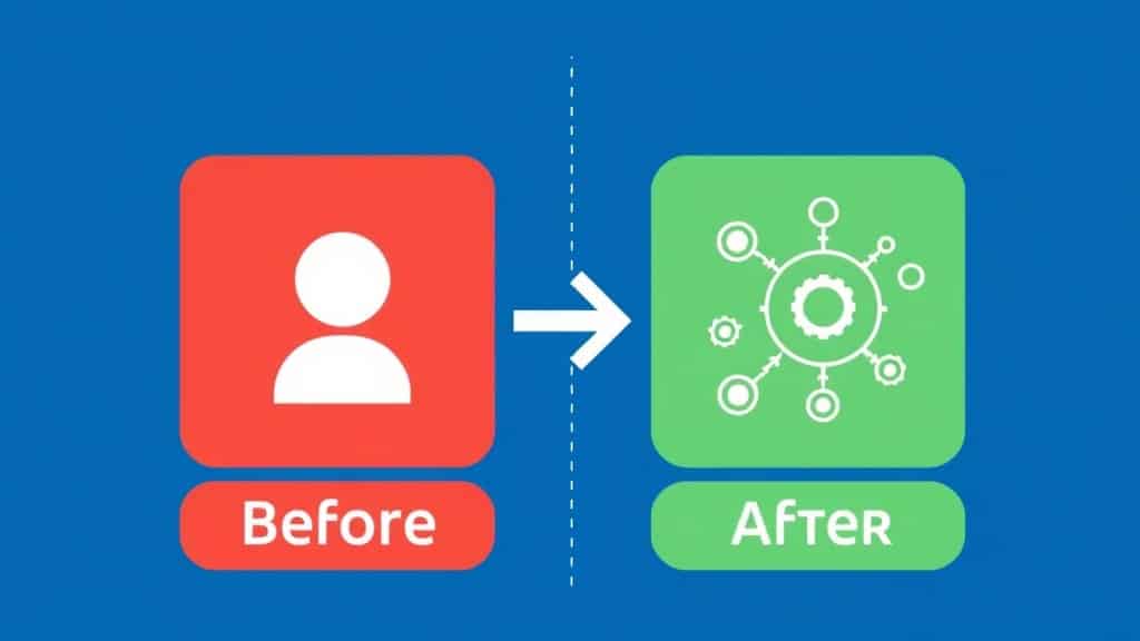 Before/after split showing a cluttered spreadsheet-based course management system transforming into a clean, branded Bubble L