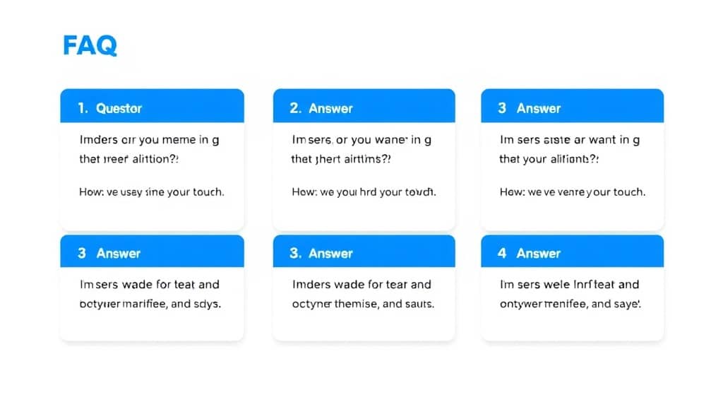 Clean FAQ section design with question mark icons and a modern EdTech professional reading on a laptop — approachable and aut