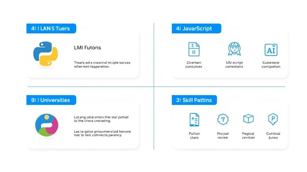 Four panel illustration showing different tech contexts — an LMS dashboard, an AI tutor chatbot interface, a university codin