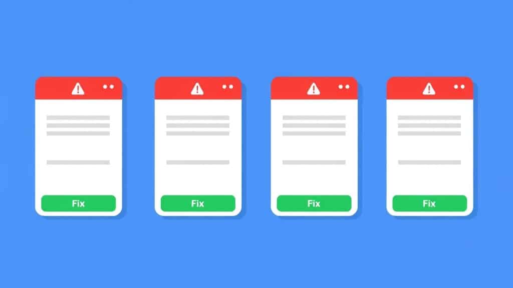 A four-panel red warning graphic — each panel has a bold mistake title, an icon representing the vulnerability type, and a fi