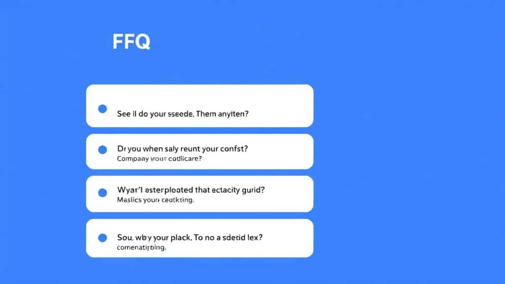 A clean FAQ layout graphic with five rows, each showing a question in bold and a short answer preview, with a blue question m