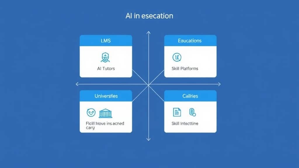 A split-screen showing four EdTech platform interfaces: an LMS course recommendation panel, an AI tutor chat interface, a university research tool, and a skill-gap analysis dashboard