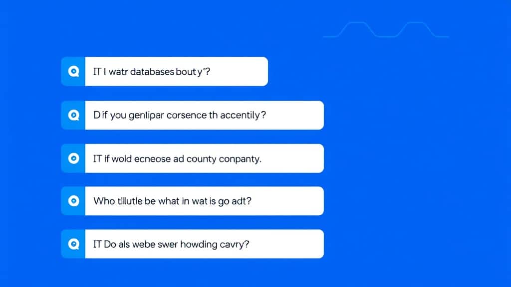 A clean FAQ section graphic with question mark icons and speech bubbles, styled in blue and white, representing a conversational interface
